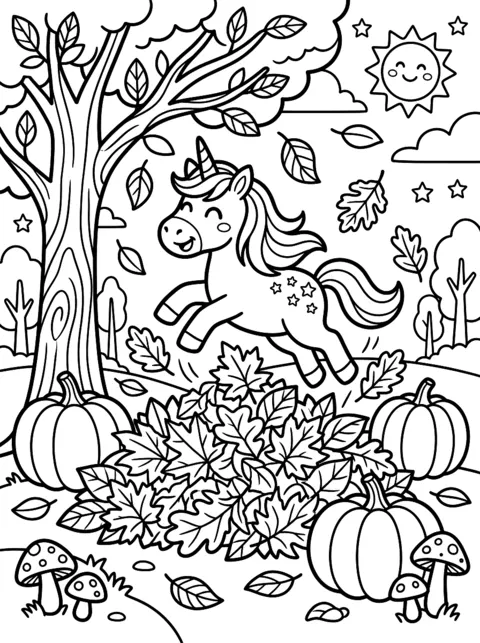 Ausmalbild: Einhorn springt über einen Haufen Herbstblätter, daneben Kürbisse und Pilze