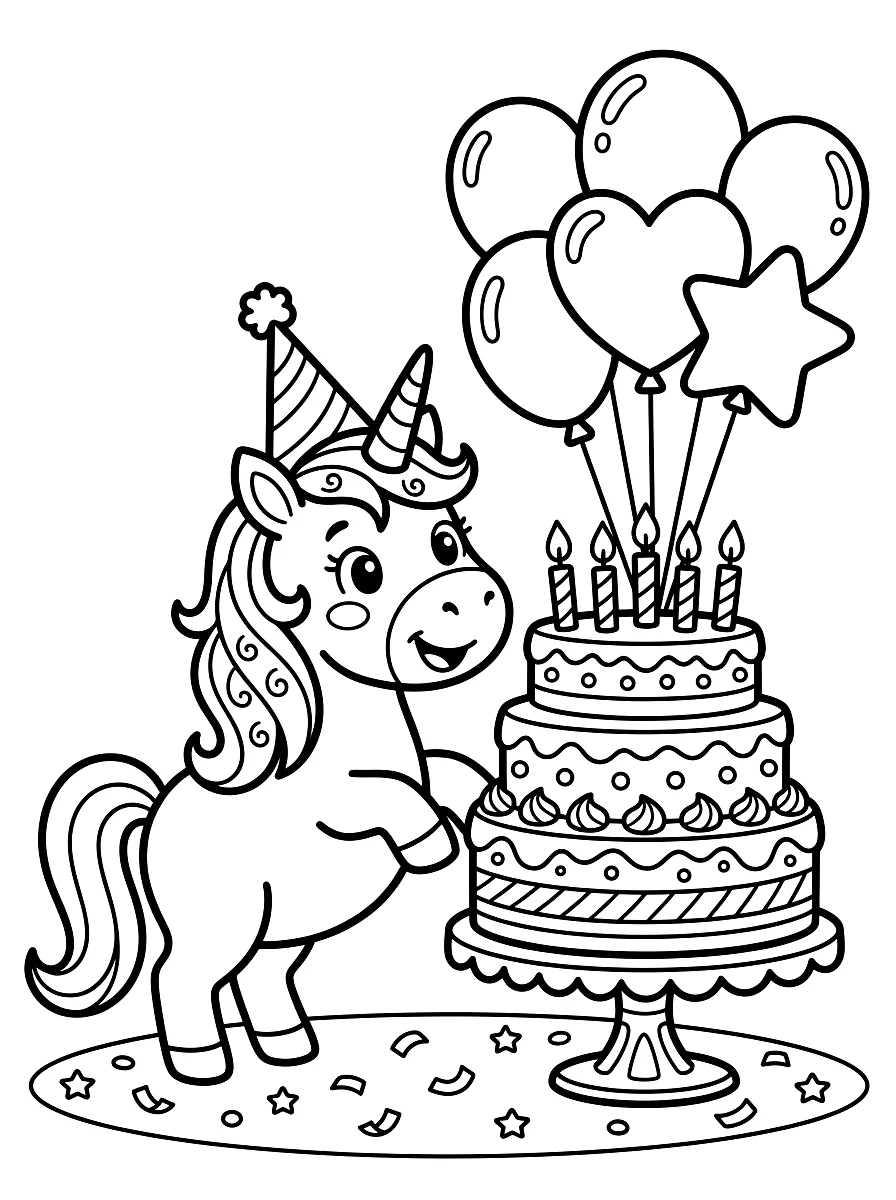 Ausmalbild: Einhorn mit Partyhut neben einem Kuchen mit Kerzen