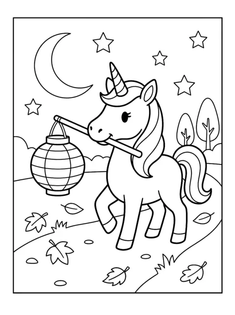 Colouring page: A unicorn carries a stick with a round lantern in its mouth, with the moon and stars above