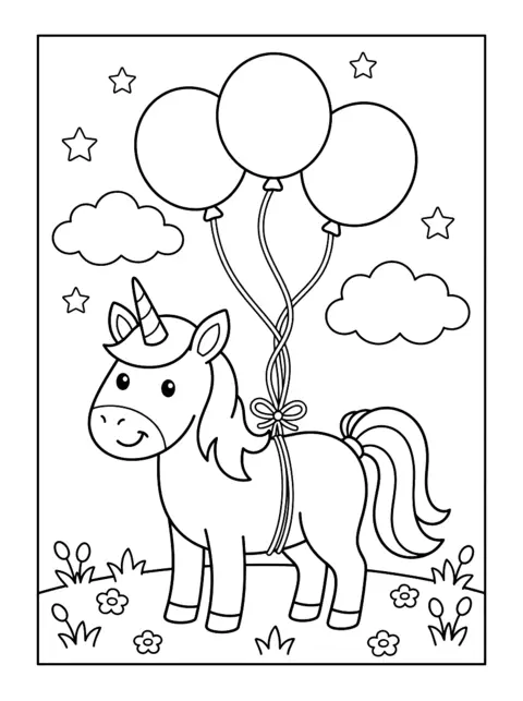 Colouring page: A happy unicorn stands in a flower meadow, the string of three round balloons is tied around its tummy with a bow, with clouds and stars around