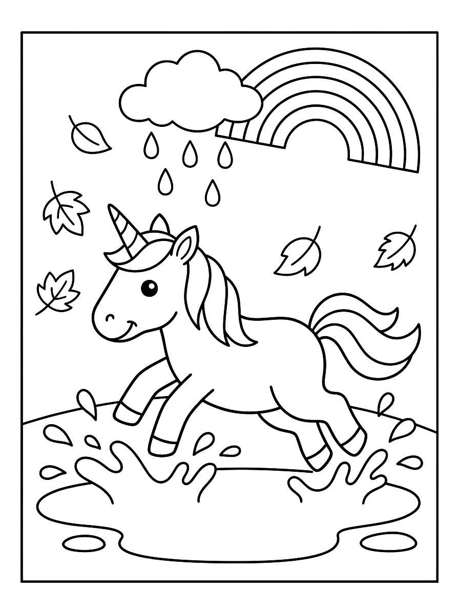 Colouring page: A happy unicorn jumps into a rain puddle under a rain cloud and a rainbow, with autumn leaves falling