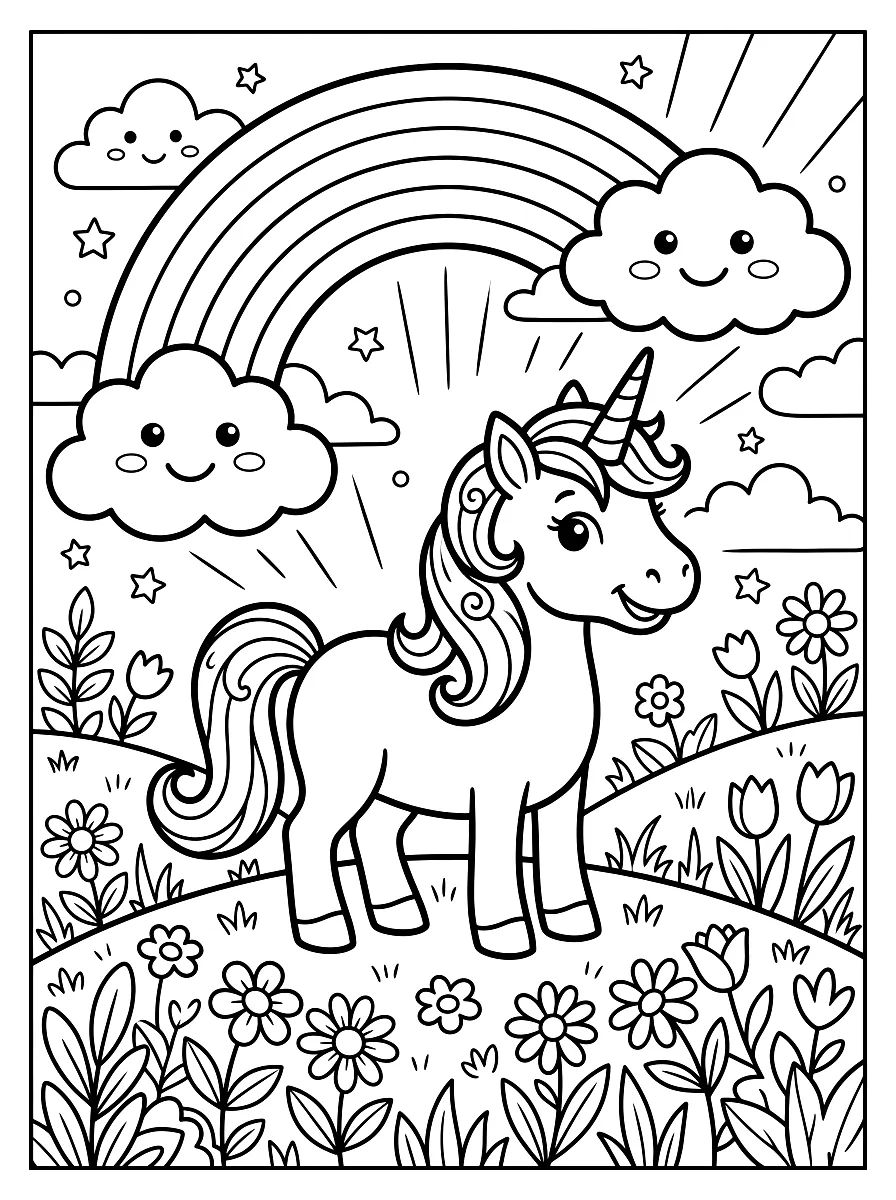 Disegno da colorare: Unicorno su un prato fiorito con arcobaleno e nuvole sorridenti