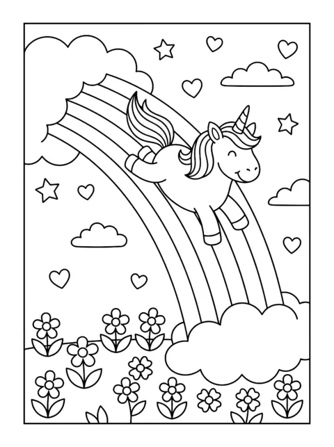 Colouring page: A happy unicorn slides down a big rainbow, with clouds and flowers below