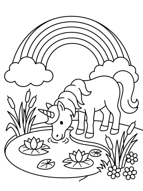 Colouring page: A unicorn stands at the edge of a little pond and drinks, a rainbow arches over the water, water lilies float on the pond and reeds and flowers grow on the bank