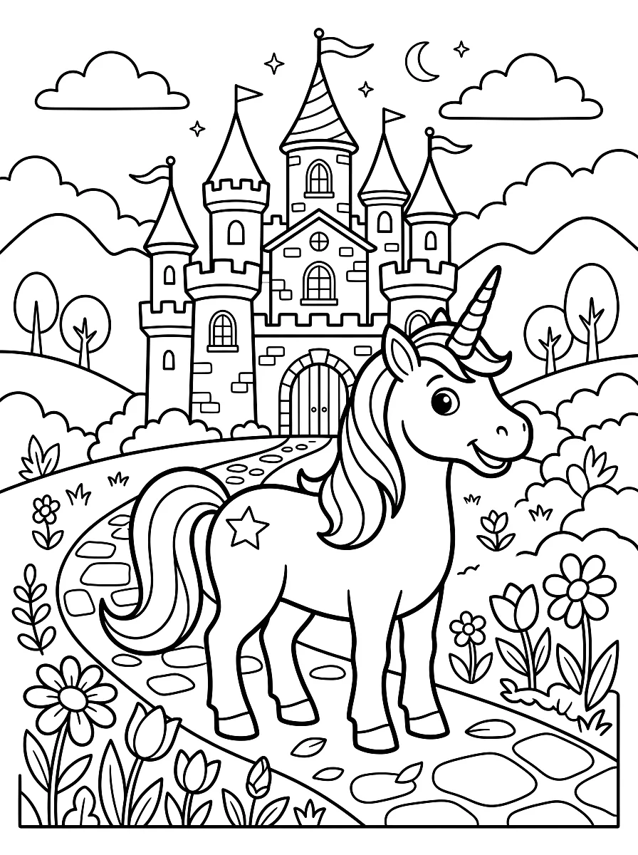 Ausmalbild: Einhorn steht vor einem Märchenschloss mit Türmen