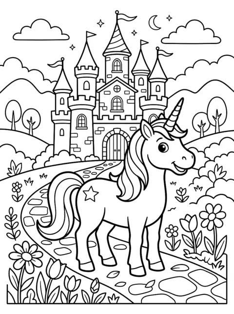 Ausmalbild: Einhorn steht vor einem Märchenschloss mit Türmen