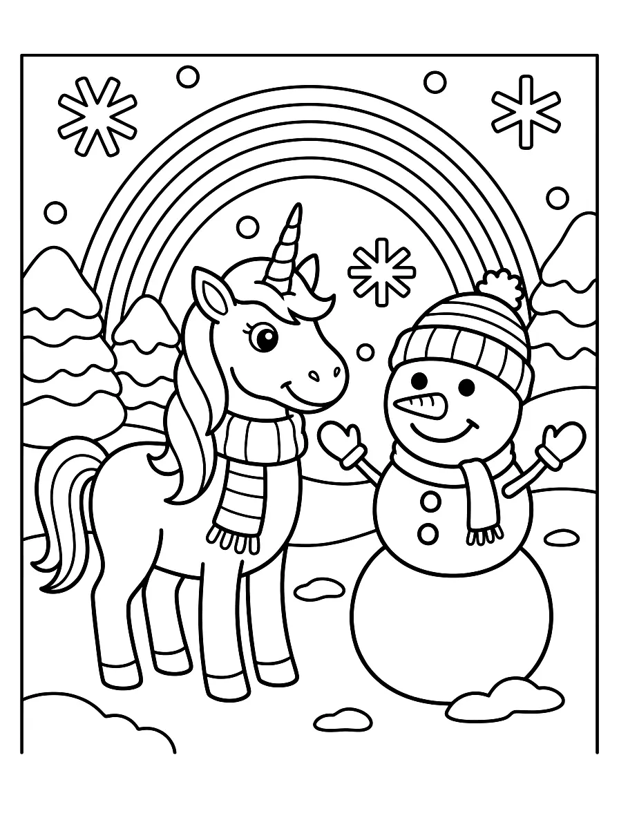 Colouring page: A unicorn in a scarf stands in the snow next to a snowman with a bobble hat and carrot nose, with snowy fir trees and a rainbow behind them
