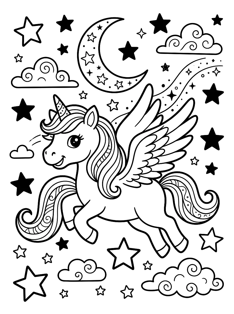 Ausmalbild: Einhorn mit Flügeln fliegt zwischen Sternen und Mond