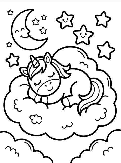 Ausmalbild: Einhorn schläft zusammengerollt auf einer Wolke unter Mond und Sternen