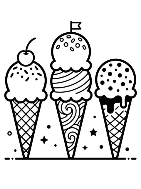 Ausmalbild: Eiswaffeln mit mehreren Kugeln und Streuseln