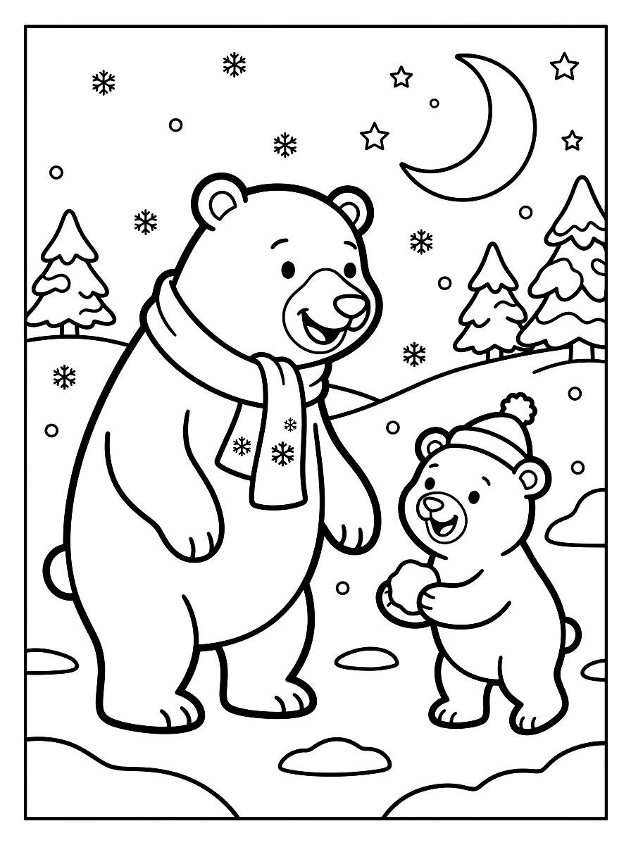 Ausmalbild: Eisbär mit Jungem im Schnee