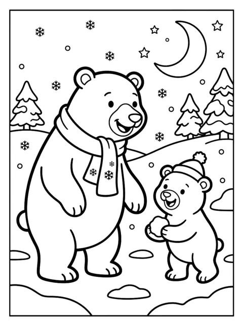 Ausmalbild: Eisbär mit Jungem im Schnee