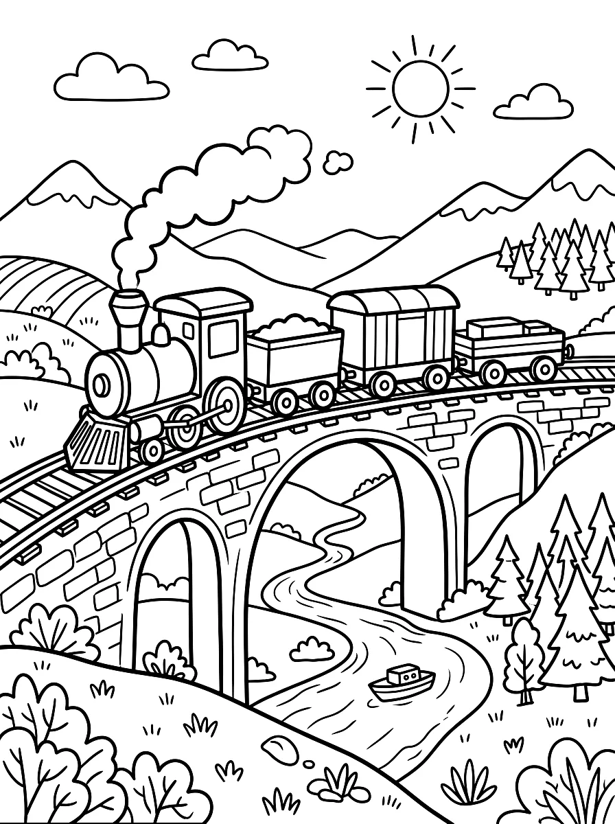 Ausmalbild: Dampflok mit Waggons fährt über eine Brücke