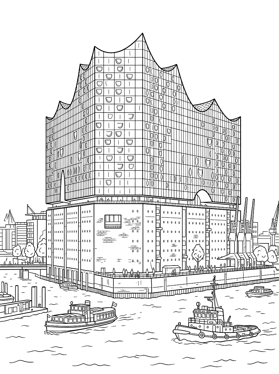Dibujo para colorear: La Elbphilharmonie con su tejado ondulado de cristal sobre el antiguo almacén de ladrillo, delante el Elba con barcos