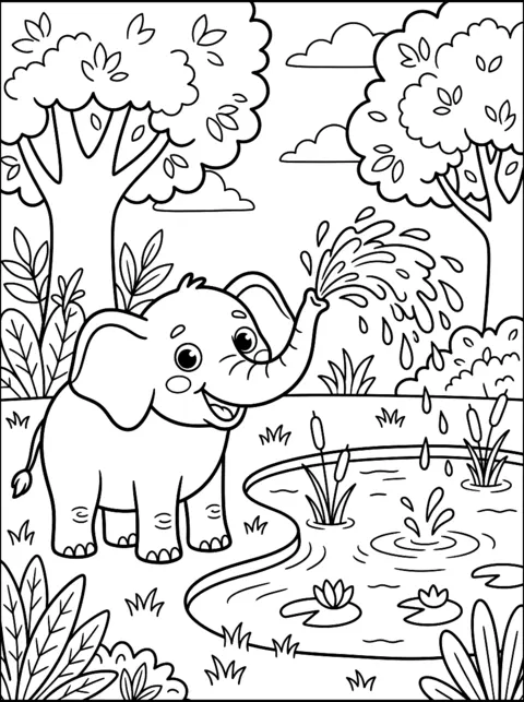 Ausmalbild: Elefant spritzt mit dem Rüssel Wasser