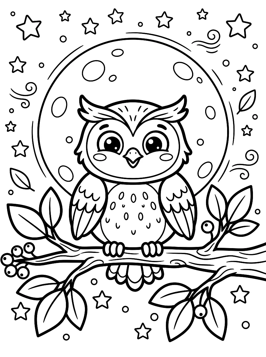 Dibujo para colorear: Búho sentado de noche en una rama delante de la luna