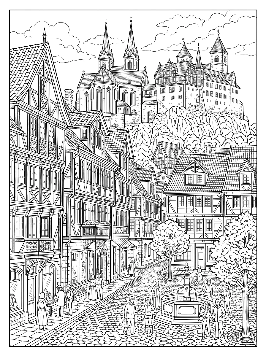 Colouring page: Colourful half-timbered houses on the market square, the castle and collegiate church above