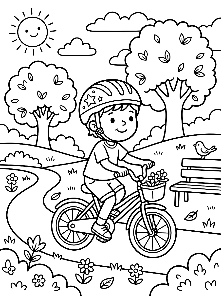 Ausmalbild: Kind mit Helm fährt Fahrrad durch den Park