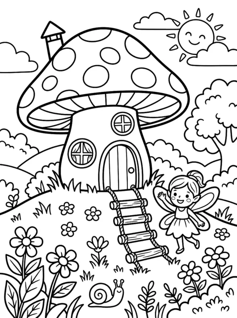 Ausmalbild: Kleines Haus in einem Pilz mit Fee und Leiter