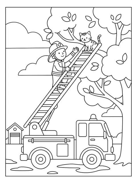 Colouring page: Fire engine with its ladder raised against a big tree, a firefighter climbs up to a kitten at the top of the ladder