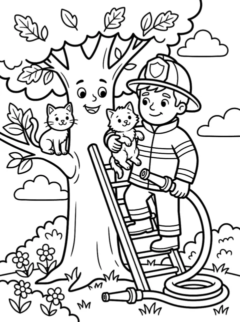 Ausmalbild: Feuerwehrmann mit Helm und Schlauch rettet eine Katze