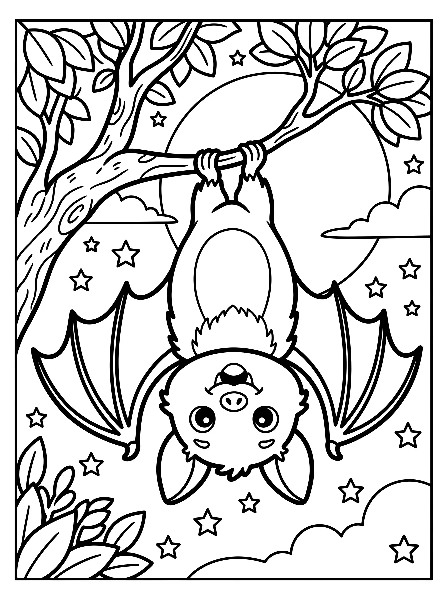 Disegno da colorare: Pipistrello sorridente appeso a testa in giù a un ramo