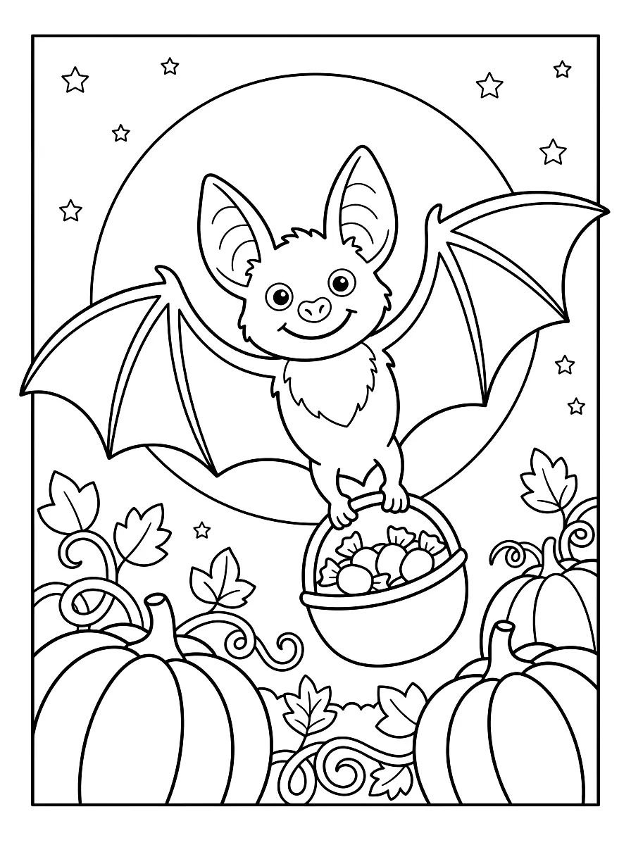 Colouring page: A little smiling bat flies over a pumpkin patch with a basket full of sweets, the full moon behind it