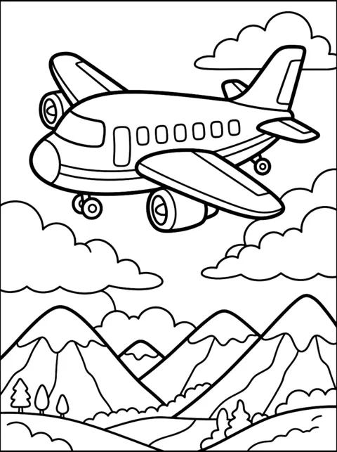 Ausmalbild: Flugzeug fliegt über Wolken und Berge