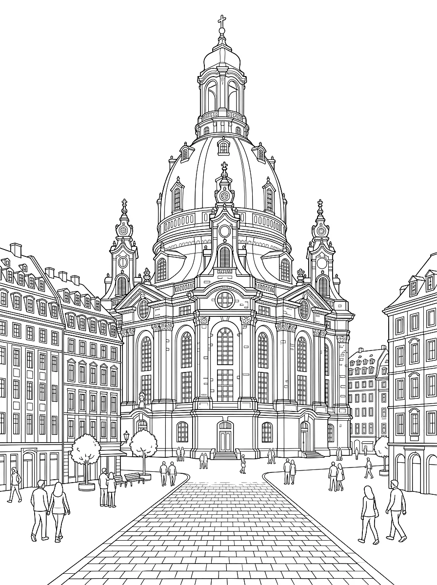 Disegno da colorare: La Frauenkirche di Dresda con la grande cupola di pietra sulla piazza Neumarkt