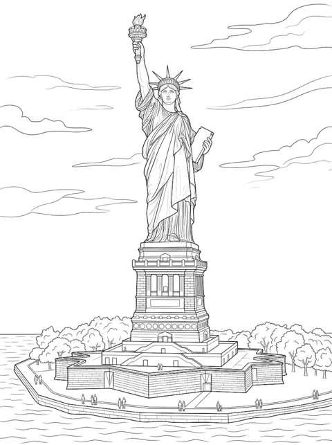 Ausmalbild: Die Freiheitsstatue mit Fackel auf ihrem Sockel auf einer kleinen Insel