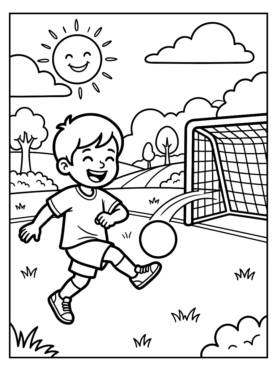 Ausmalbild: Kind schießt einen Fußball aufs Tor