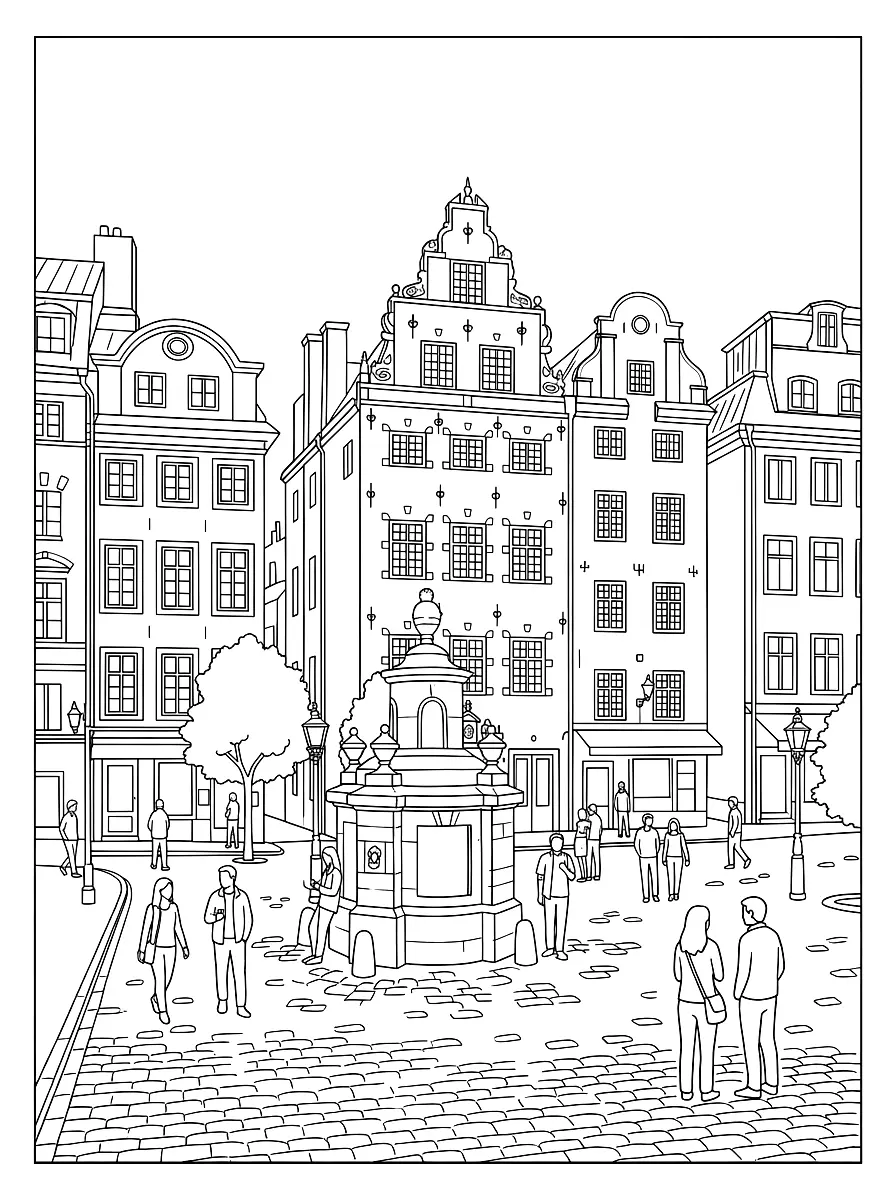 Colouring page: Tall gabled houses on Stortorget in Stockholm's old town, with an old well house, trees and people strolling on the cobblestones