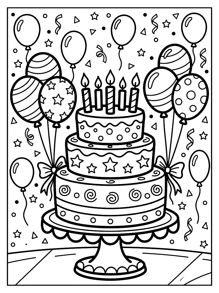 Colouring page: Birthday cake with candles and balloons