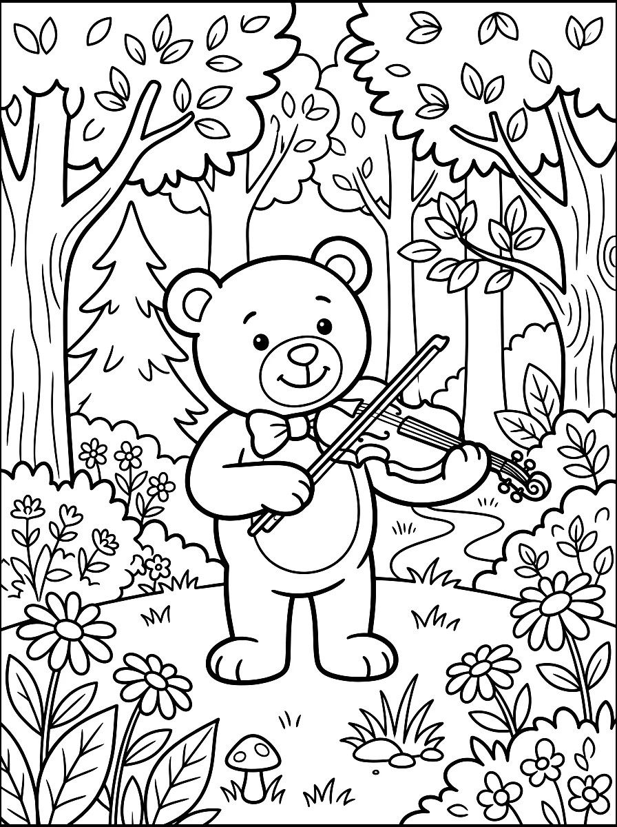 Colouring page: Bear playing the violin in the forest