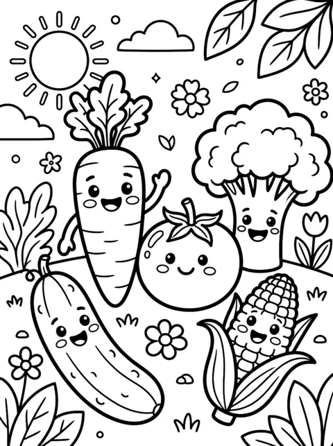 Ausmalbild: Karotte, Tomate, Brokkoli und Gurke mit Gesichtern