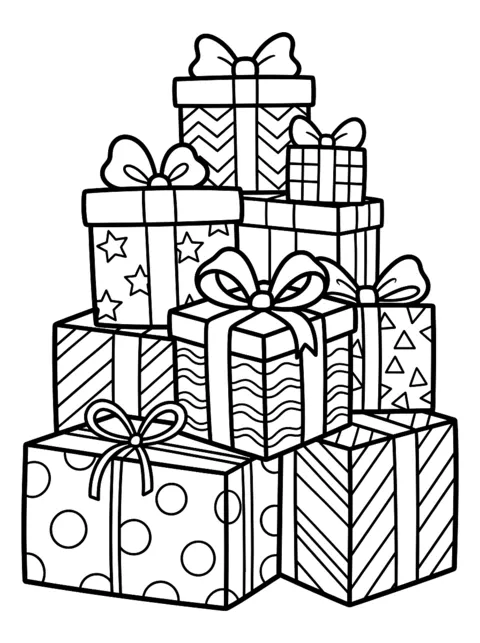 Ausmalbild: Stapel Geschenke mit Schleifen