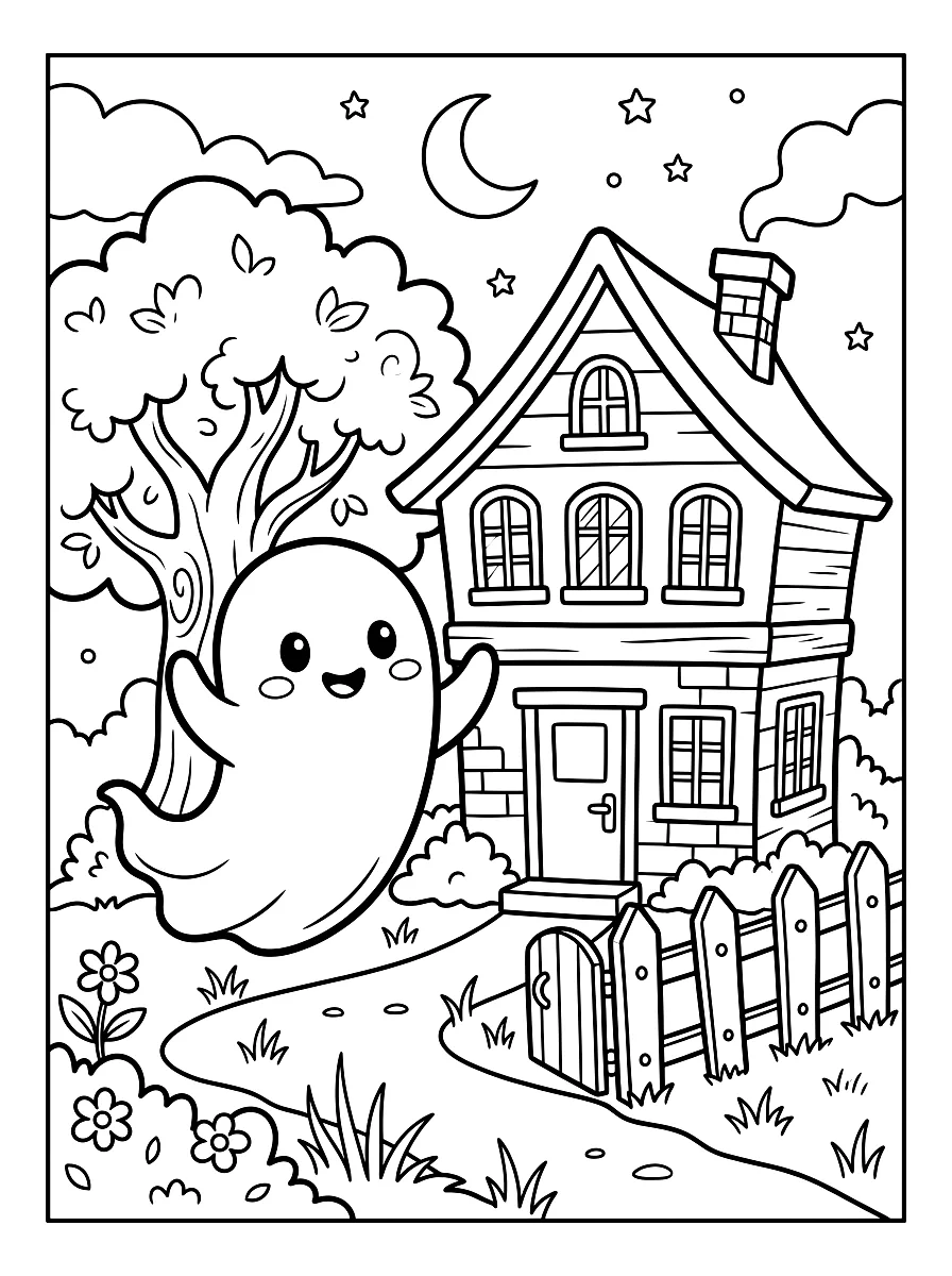 Colouring page: Friendly little ghost in front of an old house