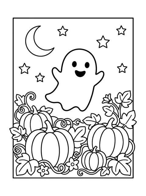 Colouring page: A small, friendly ghost floats smiling above a pumpkin patch with big pumpkins and vines, with the moon above
