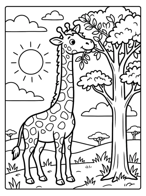 Ausmalbild: Giraffe frisst Blätter von einem Baum