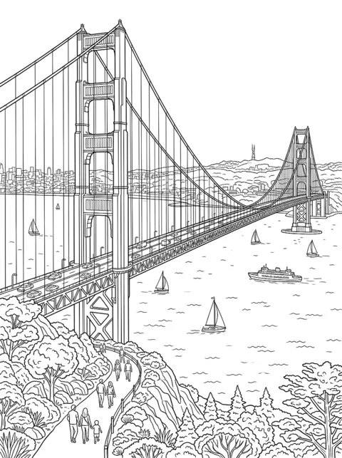 Ausmalbild: Die Hängebrücke mit zwei hohen Pfeilern über der Bucht