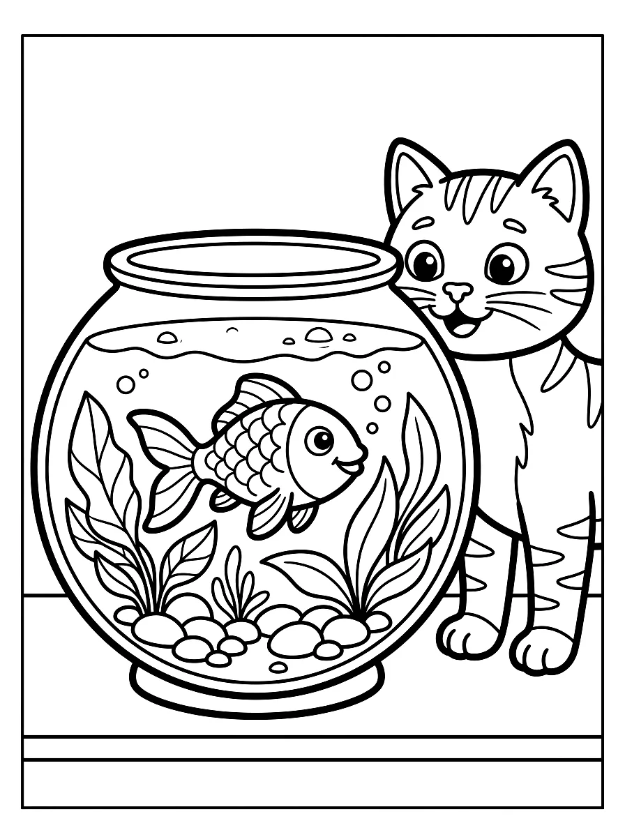 Disegno da colorare: Pesce rosso che nuota in una boccia rotonda con le piante
