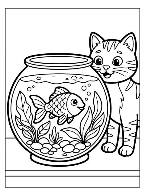 Ausmalbild: Goldfisch schwimmt in einem runden Glas mit Pflanzen