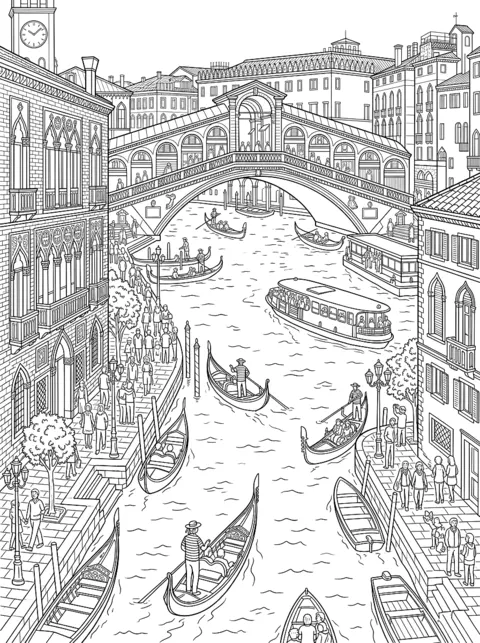 Ausmalbild: Ein Kanal mit Gondeln, Palästen und der Rialtobrücke