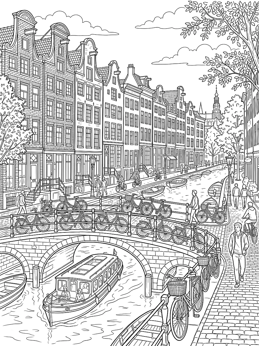 Coloriage : Maisons étroites à pignons le long d'un canal, des vélos et un bateau devant