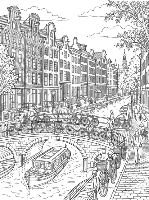 Ausmalbild: Schmale Giebelhäuser an einer Gracht, davor Fahrräder und ein Boot