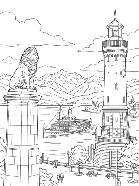 Kleurplaat: De haveningang met leeuwenbeeld en vuurtoren aan het Bodenmeer
