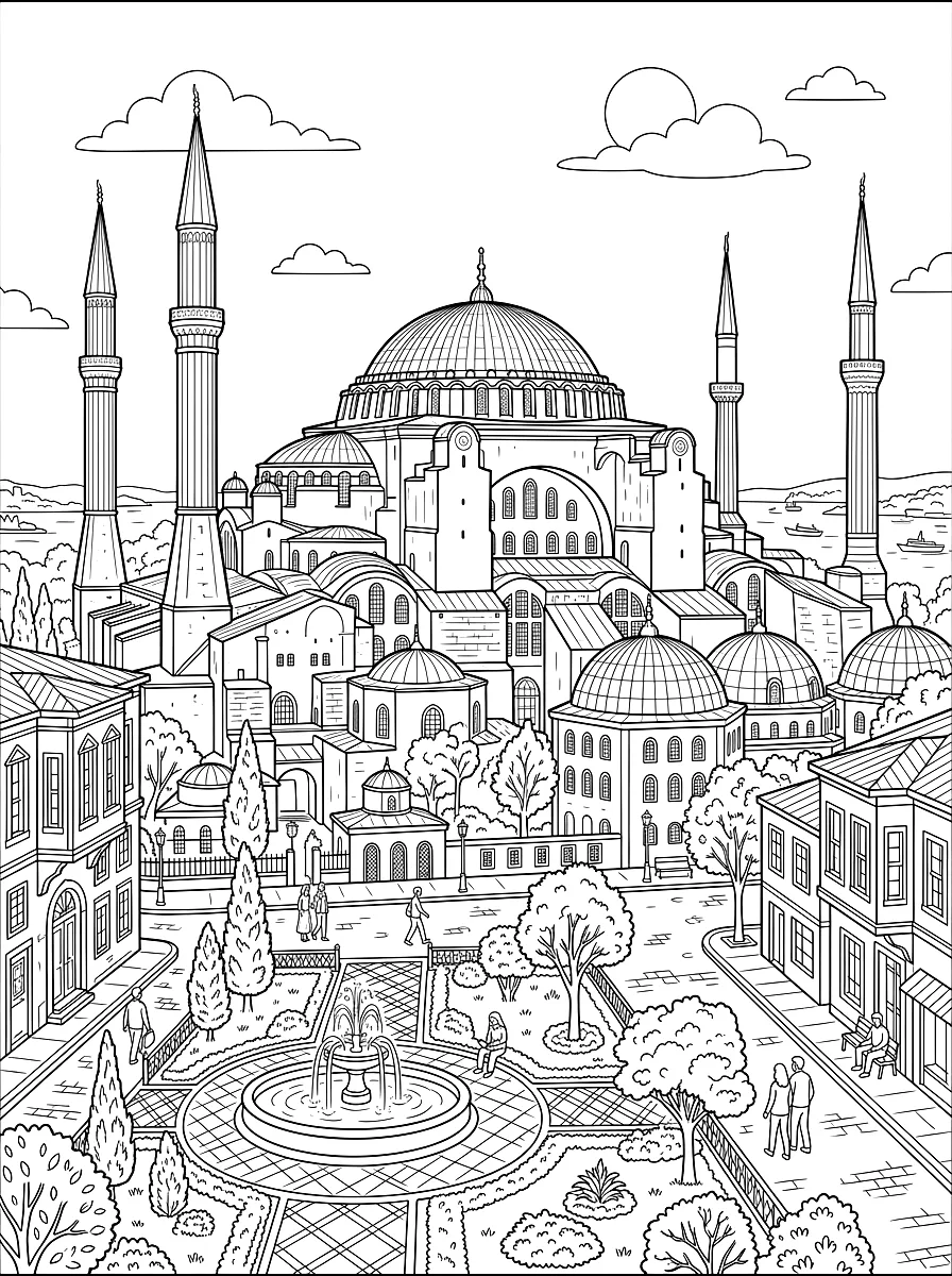 Dibujo para colorear: El edificio con una gran cúpula y cuatro esbeltos minaretes