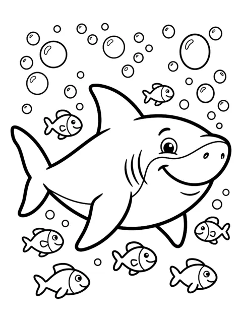 Ausmalbild: Lächelnder Hai mit kleinen Fischen