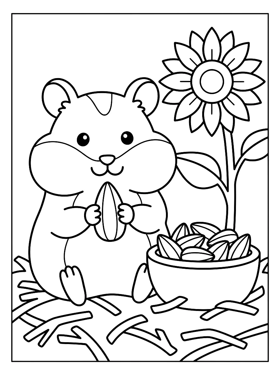 Colouring page: A chubby-cheeked hamster sits in straw holding a sunflower seed, next to a bowl of seeds and a sunflower