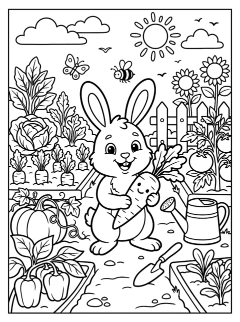 Ausmalbild: Hase knabbert an einer Karotte im Gemüsebeet